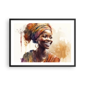 Poster in cornice nera - Ritratto di una donna sorridente con una sciarpa colorata in acquerello - 70x50cm - Regina africana - Decorazione murale moderna per soggiorno e camera da letto ARTTOR