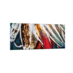 Quadro su vetro - Primo piano di piume multicolori dai colori vivaci e intensi - 120x50cm - I misteri del volo - Decorazione murale moderna per soggiorno e camera da letto ARTTOR
