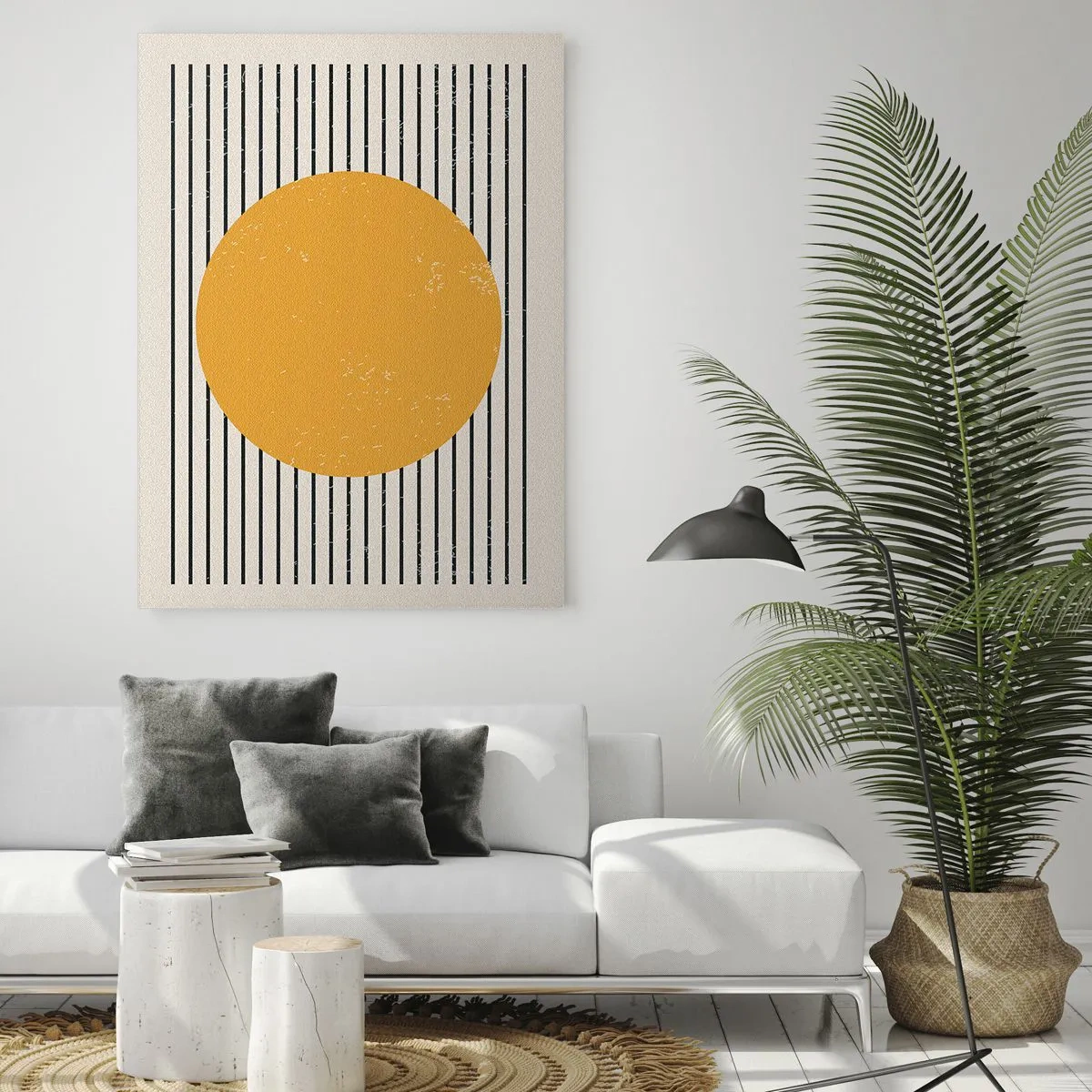 Quadro su vetro - Un cerchio giallo su uno sfondo di linee orizzontali bianche e nere - 80x120cm - La forza della semplicità - Decorazione murale moderna per soggiorno e camera da letto ARTTOR