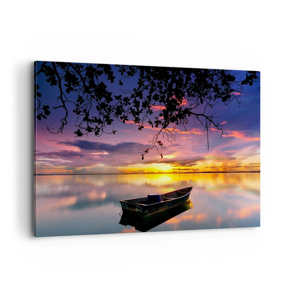 Quadro su tela - Stampe su Tela - Una barca in acque calme al tramonto - 100x70cm - Ti sembra di essere sospeso nel cielo... - Decorazione murale moderna per soggiorno e camera da letto ARTTOR