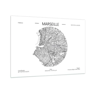 Quadro su vetro - Mappa in bianco e nero della città di Marsiglia in stile moderno - 100x70cm - Anatomia di Marsiglia - Decorazione murale moderna per soggiorno e camera da letto ARTTOR
