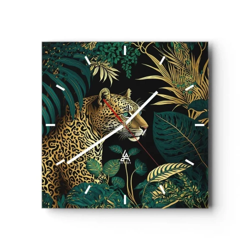 Orologio da parete - Orologio in Vetro - Leopardo tra foglie tropicali su sfondo nero - 30x30cm - Il signore della giungla - Decorazione murale moderna per soggiorno e camera da letto ARTTOR