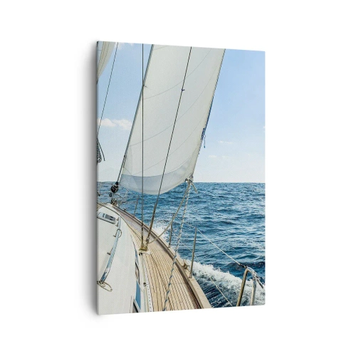 Quadro su tela - Stampe su Tela - Una barca a vela su un mare calmo sotto un cielo azzurro - 70x100cm - Benvenuta avventura - Decorazione murale moderna per soggiorno e camera da letto ARTTOR