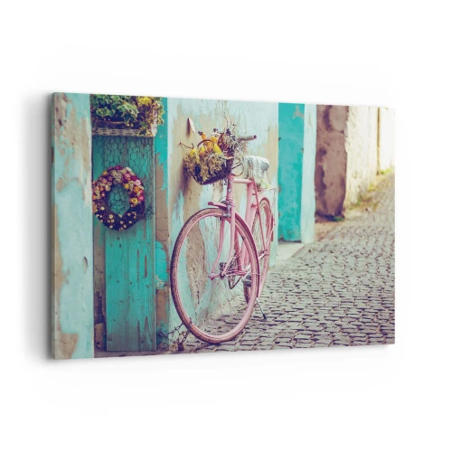 Quadro su tela - Stampe su Tela - Una bicicletta rosa vicino a una porta turchese - 100x70cm - Torno subito - Decorazione murale moderna per soggiorno e camera da letto ARTTOR