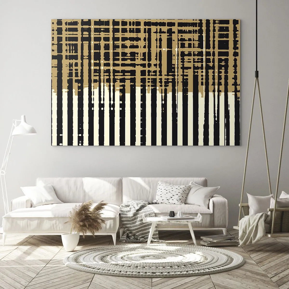 Quadro su vetro - Righe e linee geometriche nei toni del nero e dell'oro - 70x50cm - Astrazione architettonica - Decorazione murale moderna per soggiorno e camera da letto ARTTOR