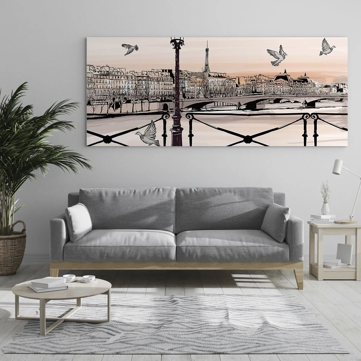 Quadro su vetro - Veduta parigina con lanterna e ponte - 140x50cm - Sui tetti di Parigi - Decorazione murale moderna per soggiorno e camera da letto ARTTOR