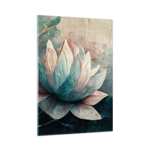 Quadro su vetro - Rappresentazione artistica di fiori di loto su uno sfondo di foglie acquatiche. - 50x70cm - Le stelle del lago - Decorazione murale moderna per soggiorno e camera da letto ARTTOR