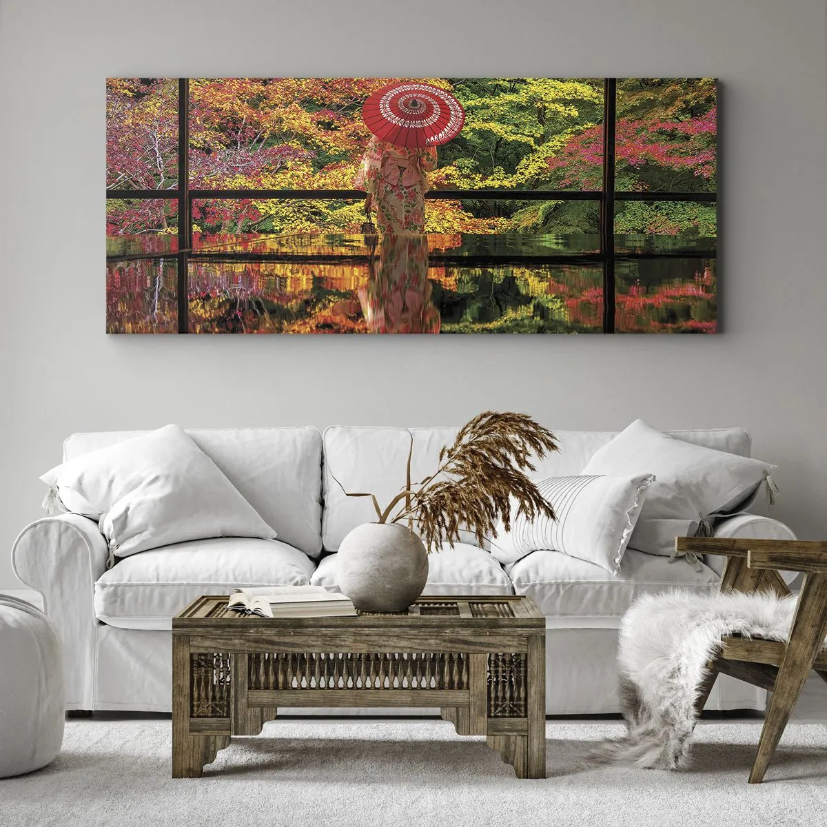 Quadro su tela - Stampe su Tela - Una donna in kimono con un ombrello sullo sfondo di un paesaggio autunnale. - 120x50cm - Nel tempio della natura - Decorazione murale moderna per soggiorno e camera da letto ARTTOR