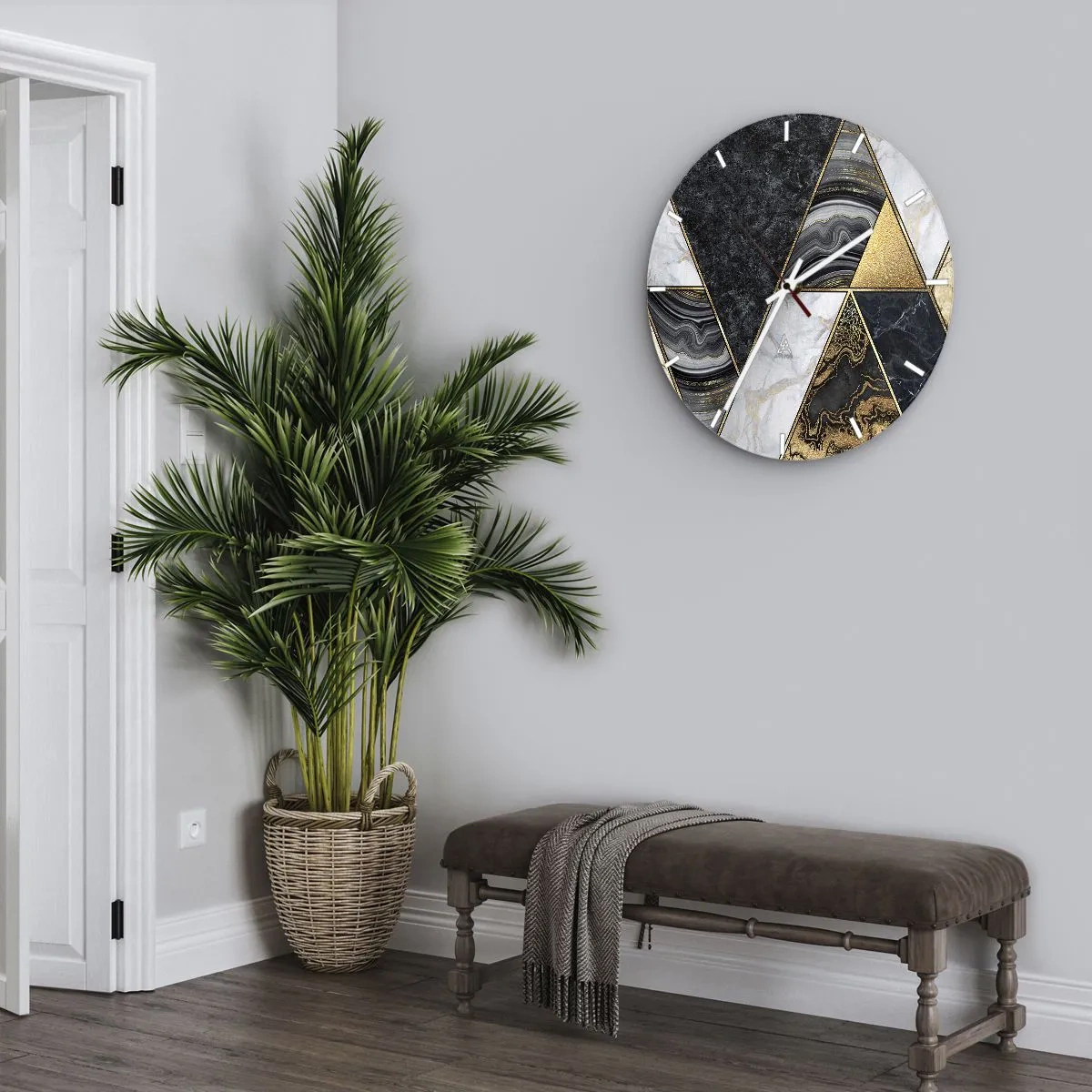 Orologio da parete - Orologio in Vetro - Triangoli d'oro e di marmo in un mosaico geometrico - 30x30cm - Pietra su pietra - Decorazione murale moderna per soggiorno, cucina e camera da letto ARTTOR