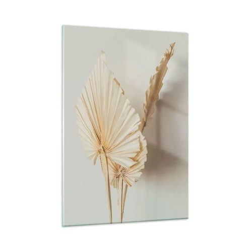Quadro su vetro - Foglie di palma secche nei toni del beige su uno sfondo chiaro - 50x70cm - Quando serve il sollievo - Decorazione murale moderna per soggiorno e camera da letto ARTTOR