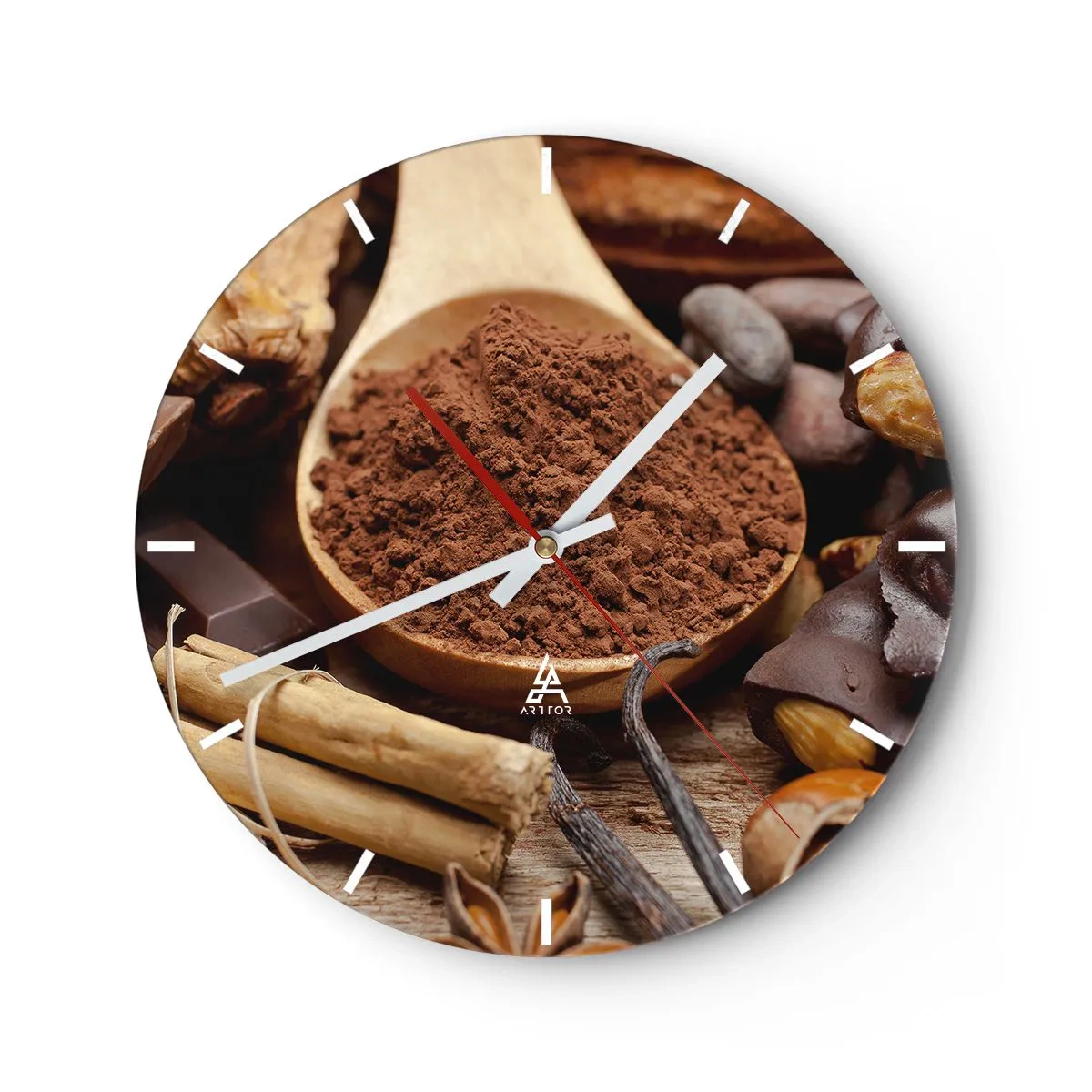 Orologio da parete - Orologio in Vetro - Un cucchiaio di cacao circondato da spezie e pezzi di cioccolato - 30x30cm - Ideale per i momenti di tristezza - Decorazione murale moderna per soggiorno, cucina e camera da letto ARTTOR