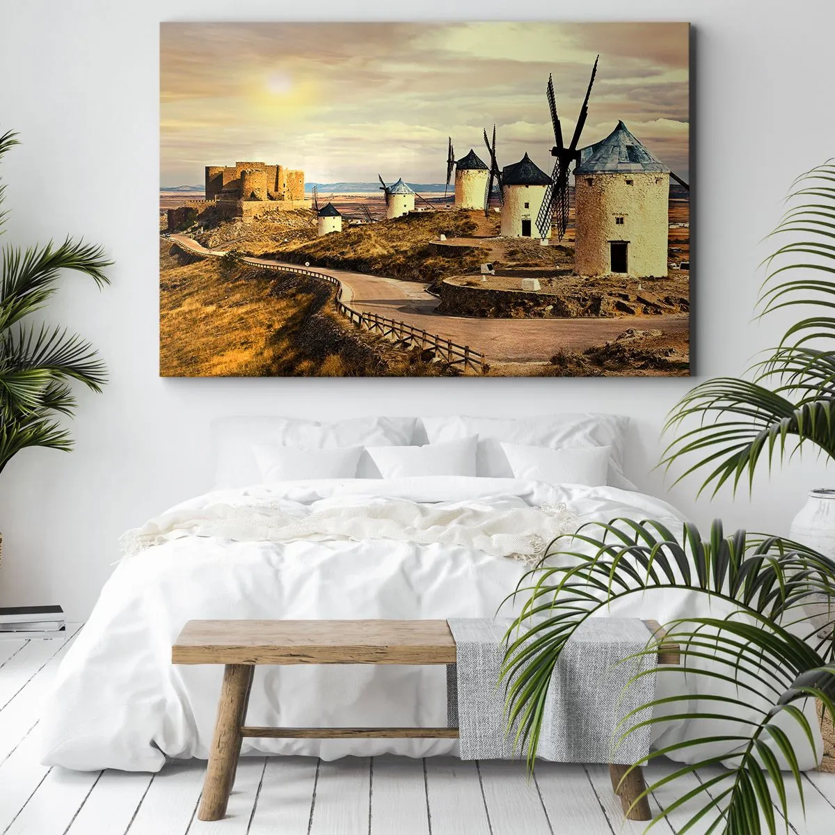 Quadro su tela - Stampe su Tela - Mulini a vento sulle colline con un castello storico sullo sfondo - 70x50cm - Adesso appare Don Chisciotte - Decorazione murale moderna per soggiorno e camera da letto ARTTOR