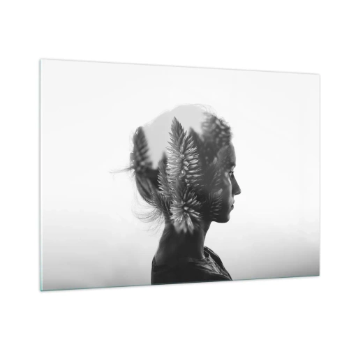 Quadro su vetro - Una donna in bianco e nero con un motivo di foresta di conifere sovrapposto - 100x70cm - La signora della pineta - Decorazione murale moderna per soggiorno e camera da letto ARTTOR