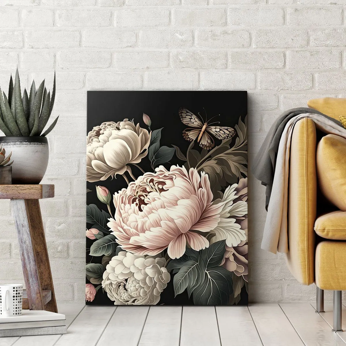 Quadro su tela - Stampe su Tela - Un bouquet di fiori rosa e farfalle su uno sfondo nero - 80x120cm - In stile barocco - Decorazione murale moderna per soggiorno e camera da letto ARTTOR