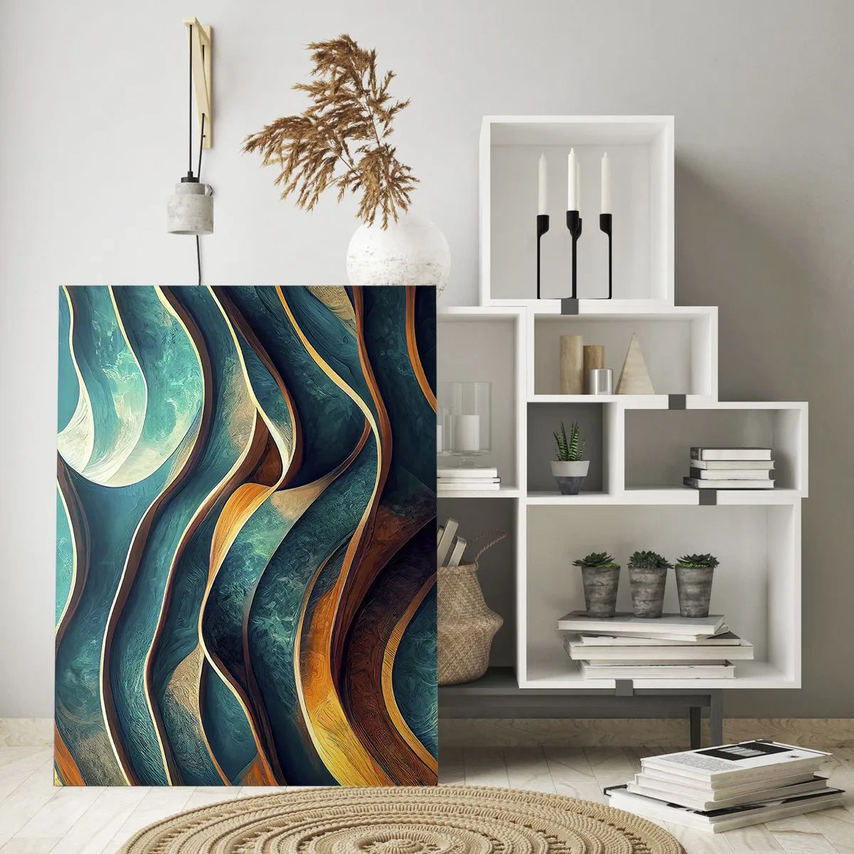 Quadro su vetro - Linee dinamiche in blu e rame che creano onde - 50x70cm - I meandri del blu - Decorazione murale moderna per soggiorno e camera da letto ARTTOR