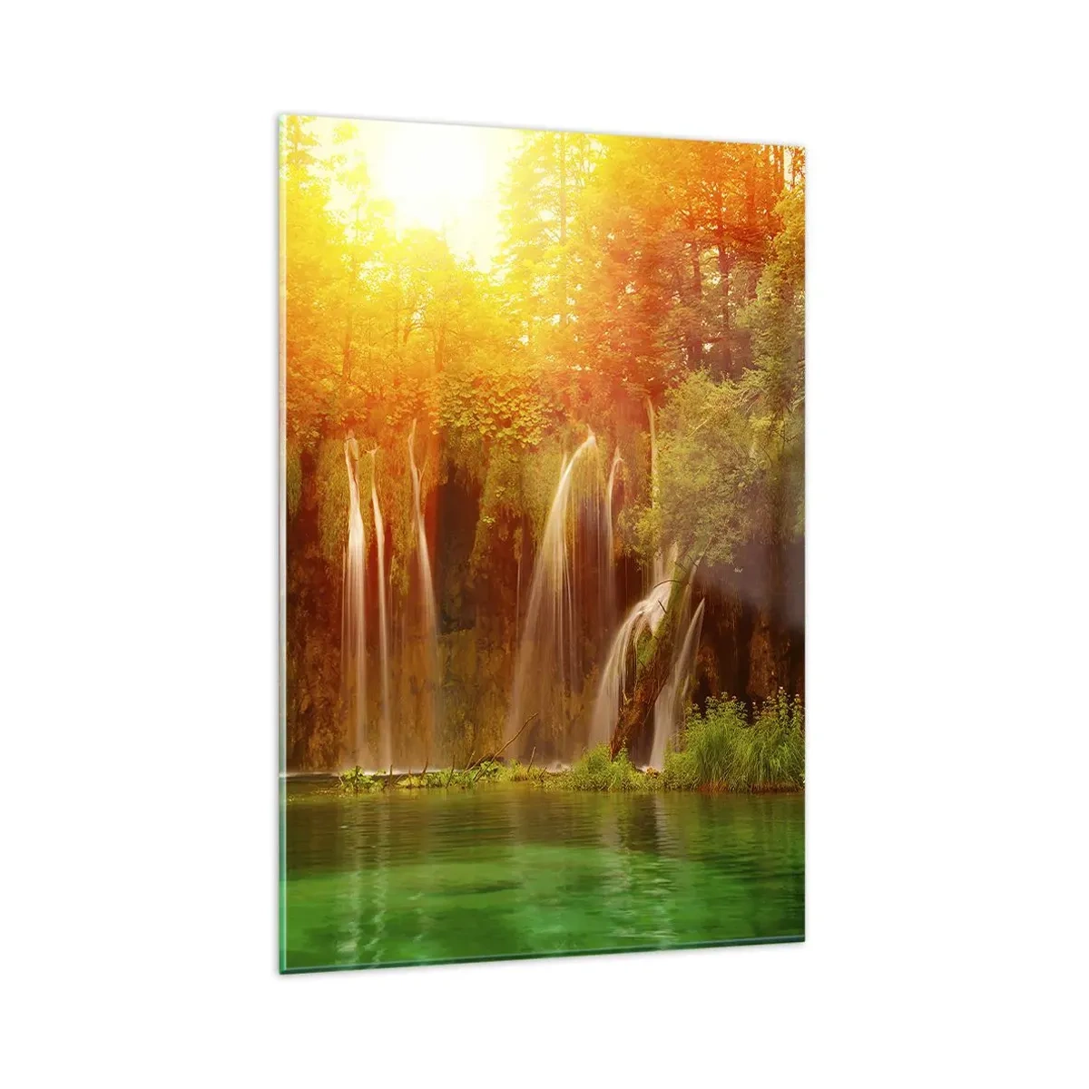 Quadro su vetro - Cascate immerse nel verde al chiarore del sole al tramonto - 80x120cm - Al sole e all'ombra - Decorazione murale moderna per soggiorno e camera da letto ARTTOR