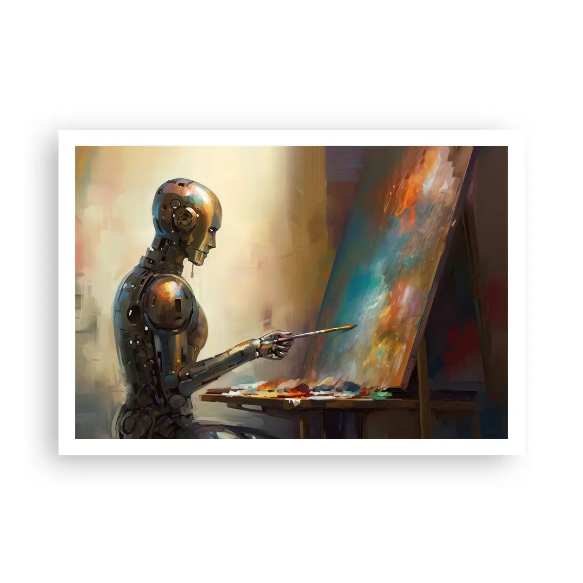 Poster - Un robot che dipinge su una tela in stile artistico - 100x70cm - L'arte del futuro - Decorazione murale moderna per soggiorno e camera da letto ARTTOR