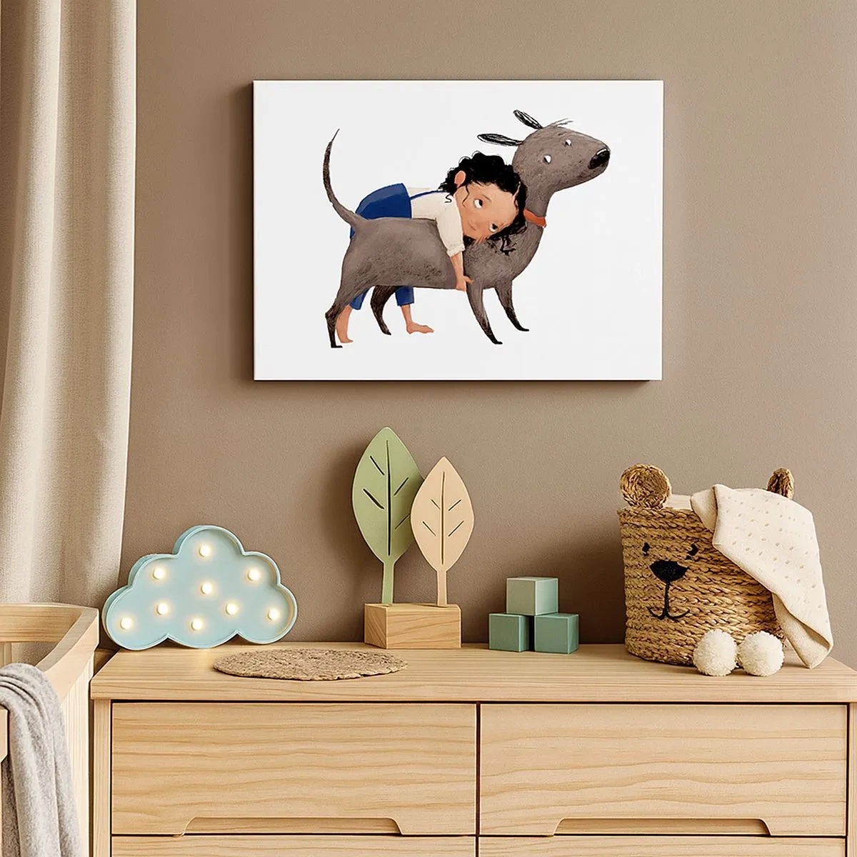 Quadro su tela - Stampe su Tela - Illustrazione in stile cartone animato di un bambino che abbraccia un cane - 70x50cm - I migliori amici - Decorazione murale moderna per soggiorno e camera da letto ARTTOR