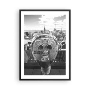 Poster in cornice nera - Una vista monocromatica di New York City con un binocolo in primo piano. - 50x70cm - Il centro del mondo - Decorazione murale moderna per soggiorno e camera da letto ARTTOR