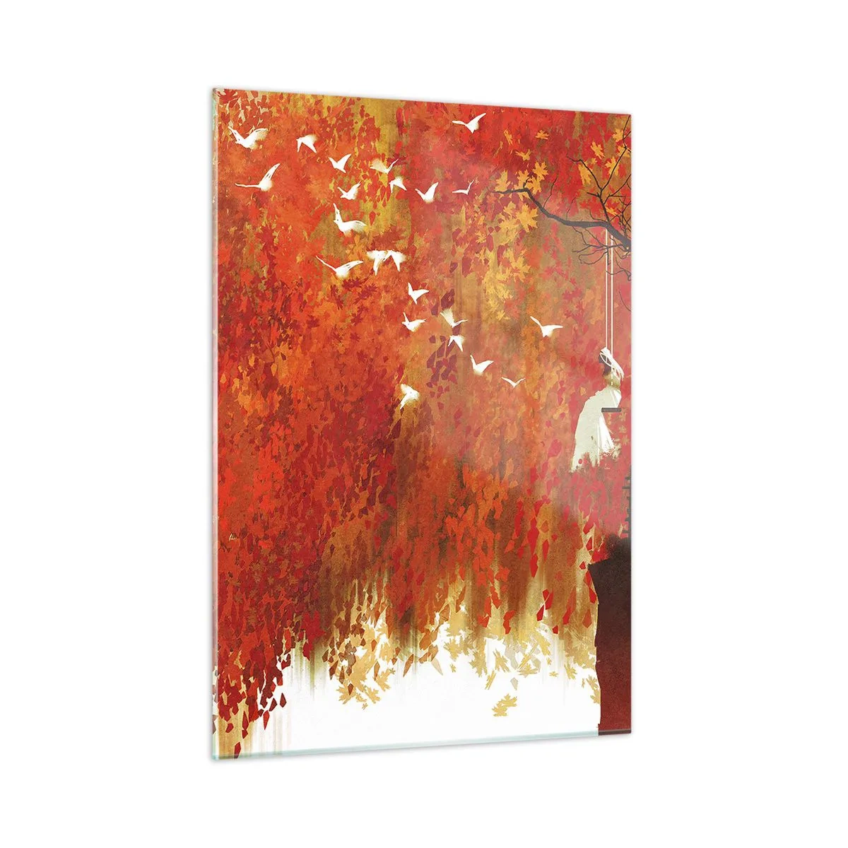 Quadro su vetro - Foglie rosse, un albero solitario e uccelli in una scena autunnale - 50x70cm - Voli con noi? - Decorazione murale moderna per soggiorno e camera da letto ARTTOR