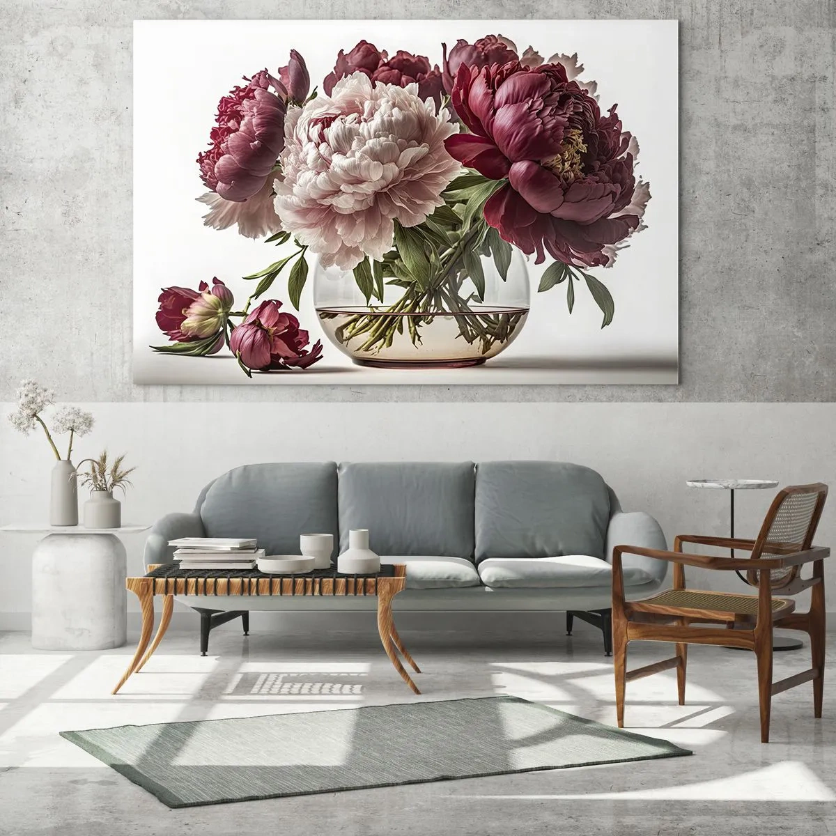 Quadro su vetro - Un bouquet di peonie in un vaso di vetro su uno sfondo chiaro - 120x80cm - Bellezza in piena fioritura - Decorazione murale moderna per soggiorno e camera da letto ARTTOR