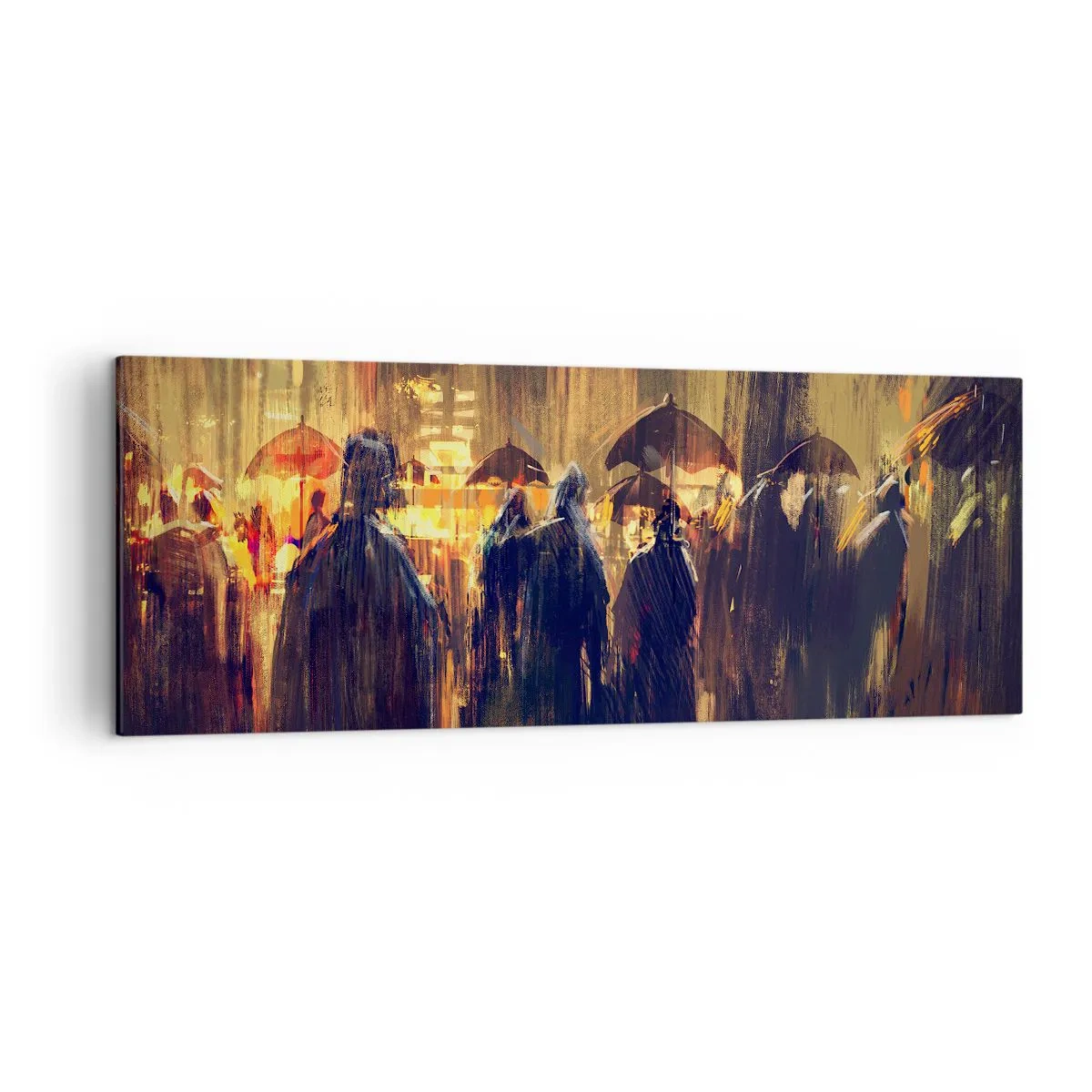 Quadro su tela - Stampe su Tela - Figure con ombrelli in una città piovosa di notte - 140x50cm - Gli adoratori della pioggia - Decorazione murale moderna per soggiorno e camera da letto ARTTOR