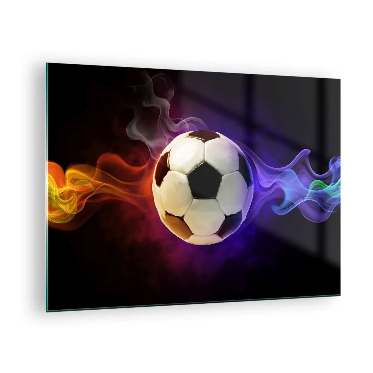 Quadro su vetro - Un pallone da calcio circondato da strisce colorate - 70x50cm - La forza magica del gioco - Decorazione murale moderna per soggiorno e camera da letto ARTTOR
