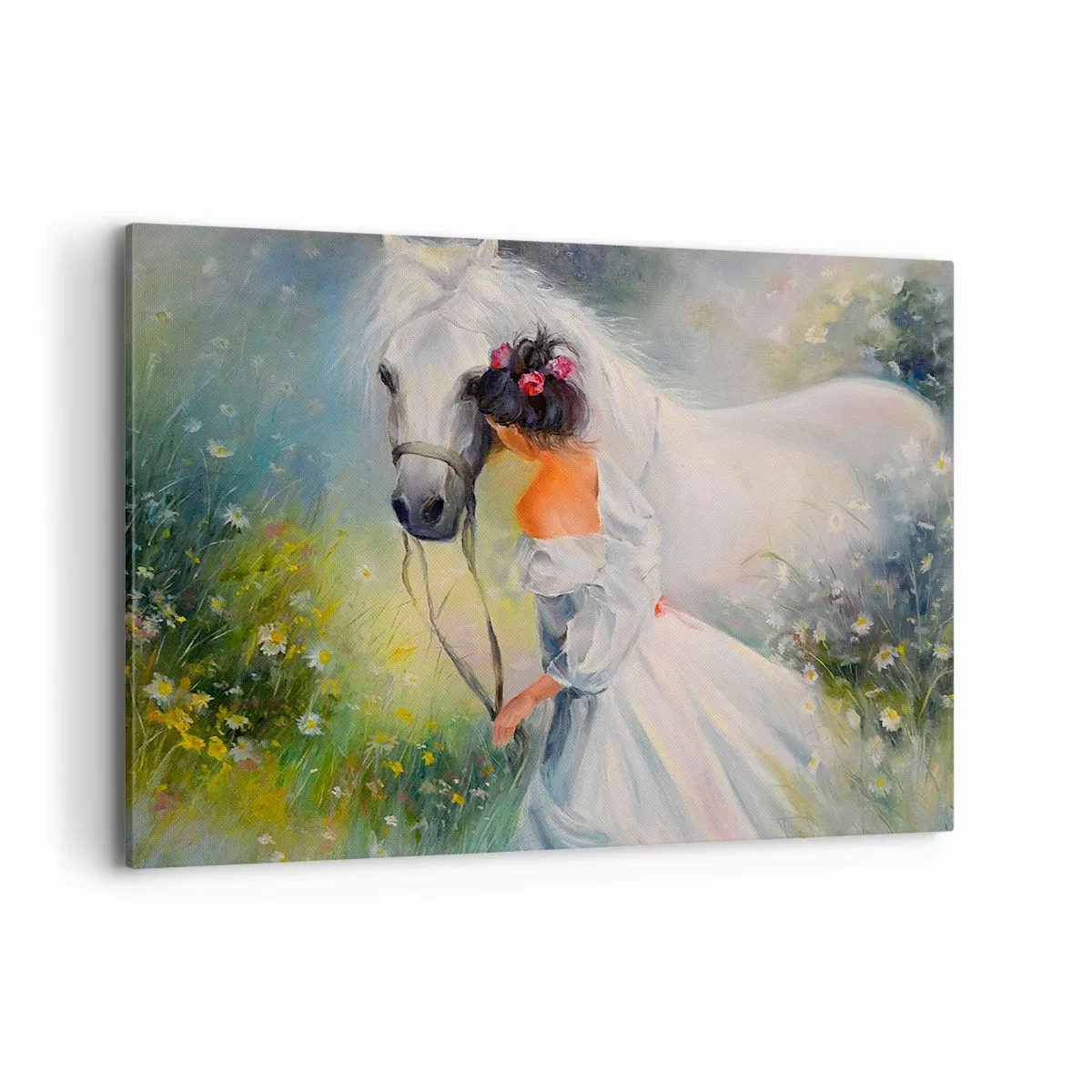 Quadro su tela - Stampe su Tela - Una donna con un cavallo bianco in un ambiente pittoresco - 100x70cm - Come in un bel sogno - Decorazione murale moderna per soggiorno e camera da letto ARTTOR