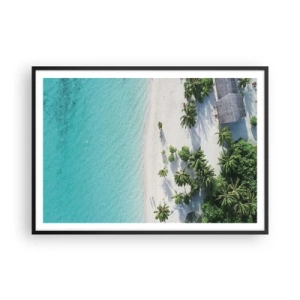 Poster in cornice nera - Una vista a volo d'uccello di una spiaggia tropicale con acqua turchese e palme - 100x70cm - Vacanze in paradiso - Decorazione murale moderna per soggiorno e camera da letto ARTTOR