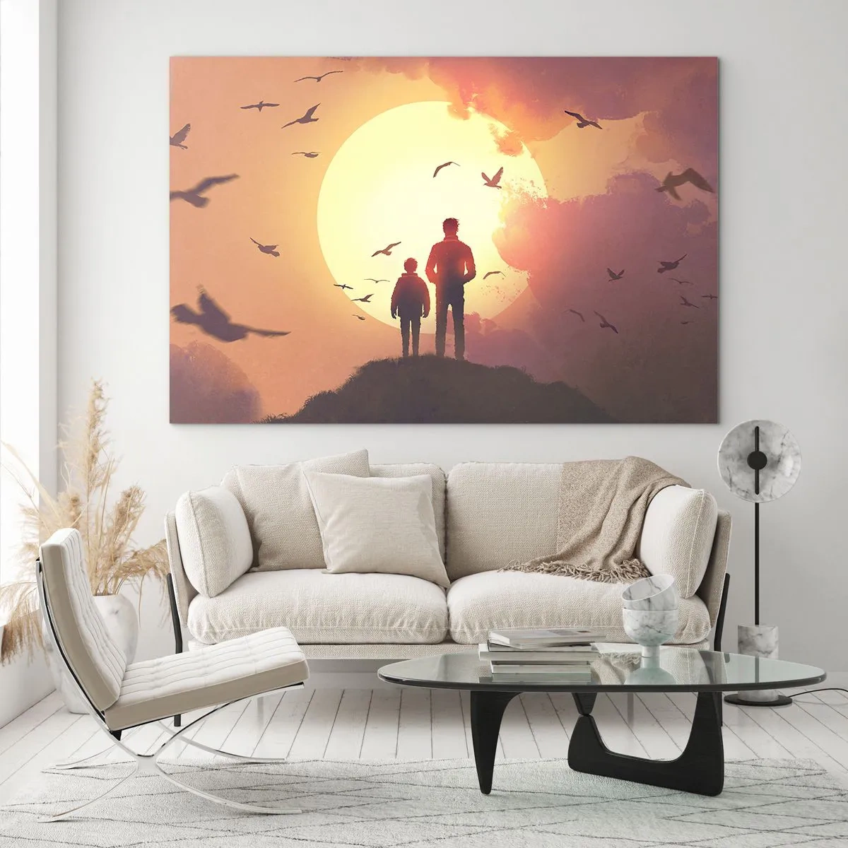 Quadro su vetro - Figure di un padre e di un figlio in piedi sullo sfondo del sole al tramonto e di uccelli in volo - 120x80cm - Faccia a faccia con il sole - Decorazione murale moderna per soggiorno e camera da letto ARTTOR