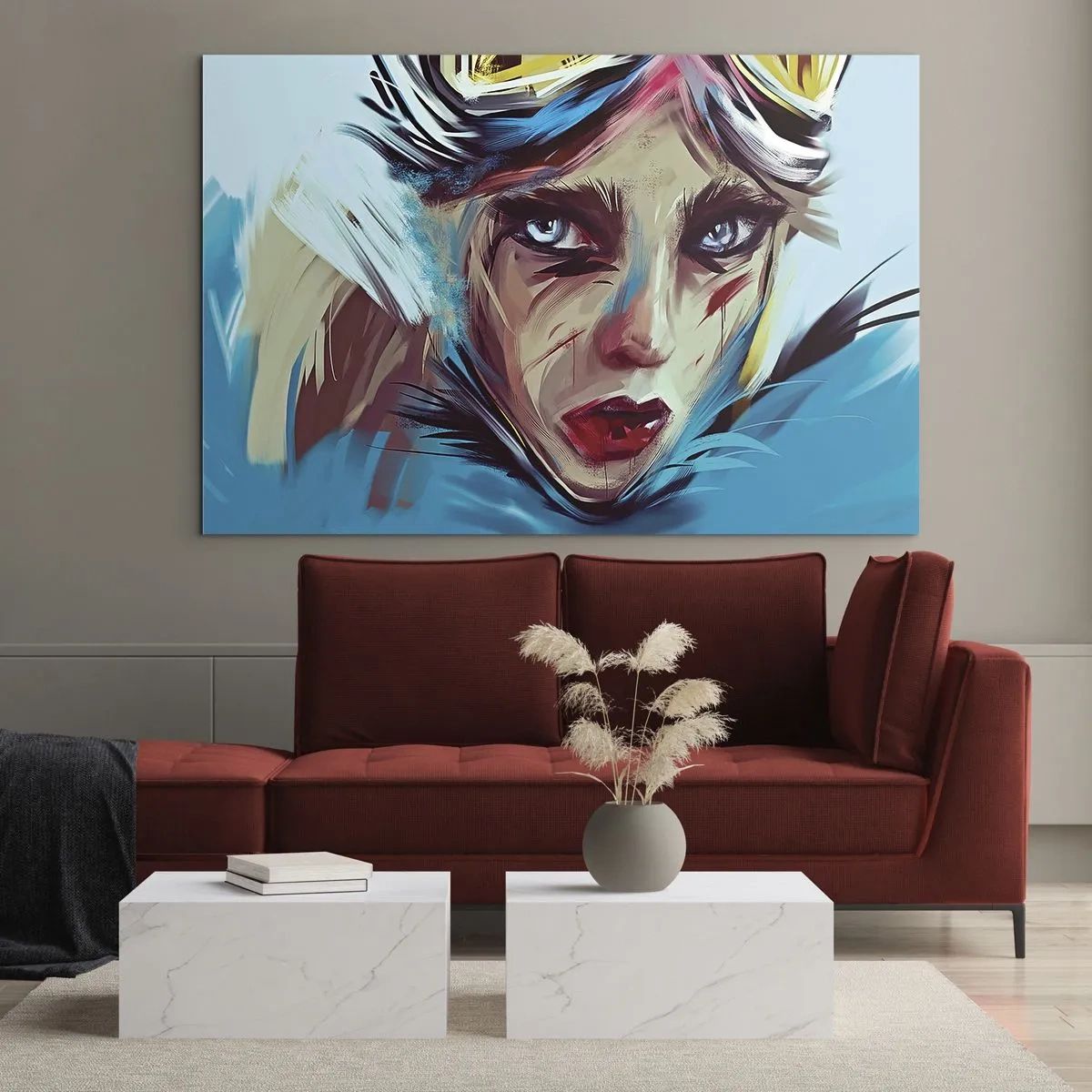 Quadro su vetro - Ritratto di donna con occhiali e pennellate blu - 120x80cm - La guerriera della strada - Decorazione murale moderna per soggiorno e camera da letto ARTTOR