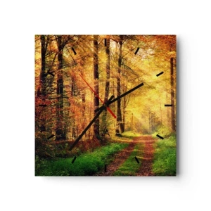 Orologio da parete - Orologio in Vetro - Un sentiero nel bosco circondato da alberi dorati e verdi - 30x30cm - Il silenzio d'oro del bosco - Decorazione murale moderna per soggiorno e camera da letto ARTTOR