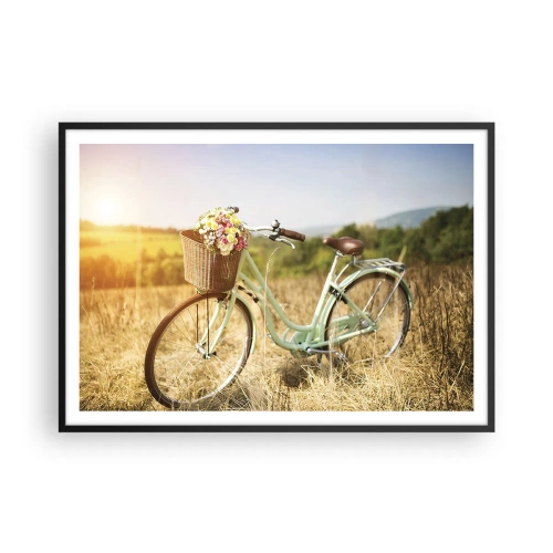 Poster in cornice nera - Una bicicletta retrò con un cesto pieno di fiori sullo sfondo di un prato. - 100x70cm - Resto qui un attimo - Decorazione murale moderna per soggiorno e camera da letto ARTTOR
