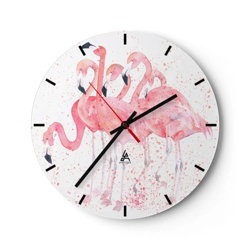 Orologio da parete - Orologio in Vetro - Un gruppo di fenicotteri rosa in stile acquerello artistico. - 30x30cm - Gruppo in rosa - Decorazione murale moderna per soggiorno, cucina e camera da letto ARTTOR