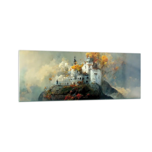 Quadro su vetro - Un castello su una collina circondato da alberi autunnali - 140x50cm - Inizio di una storia romantica - Decorazione murale moderna per soggiorno e camera da letto ARTTOR