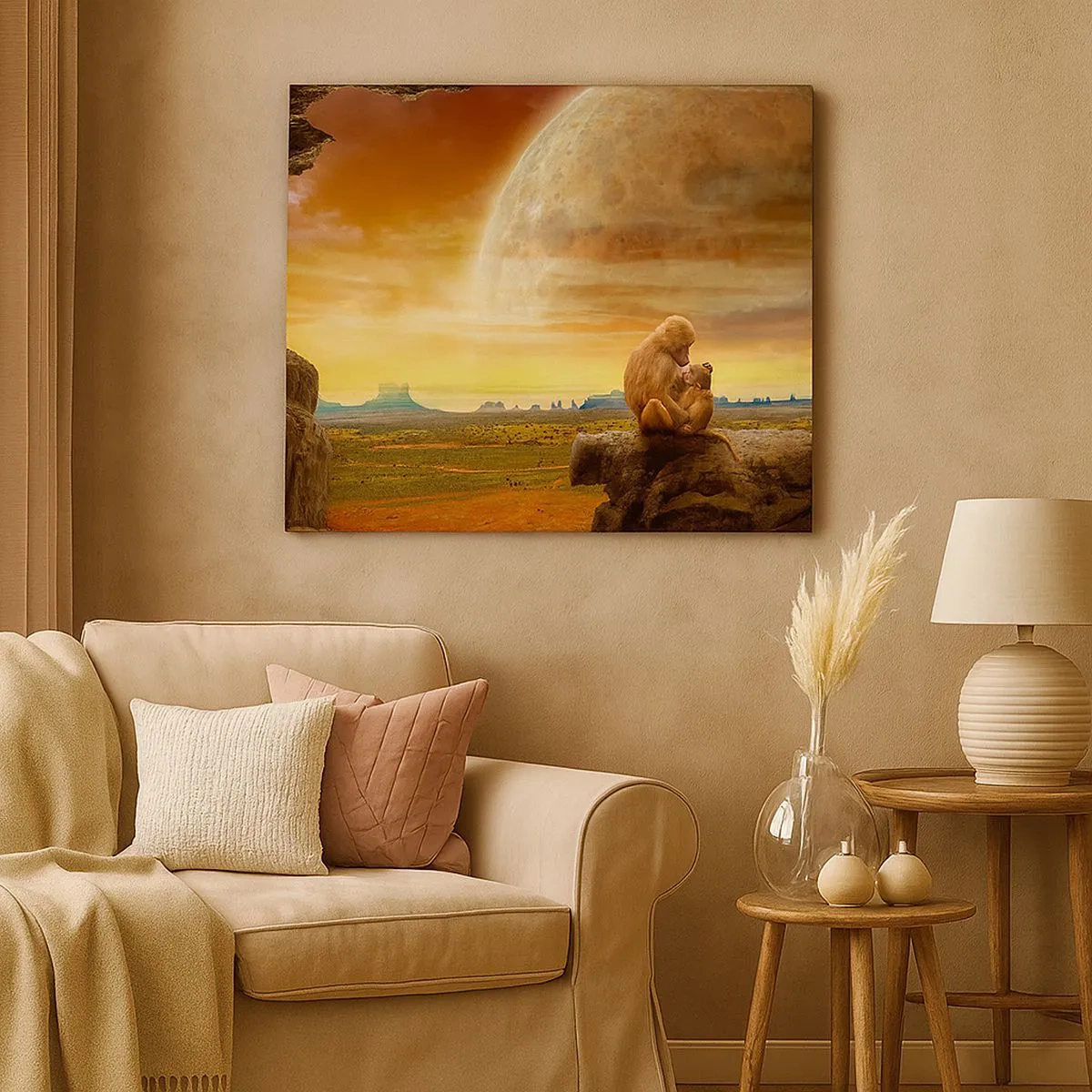 Quadro su tela - Stampe su Tela - Scimmie sedute su una roccia in un paesaggio surreale con un pianeta gigante - 70x50cm - L'amore è ovunque lo stesso - Decorazione murale moderna per soggiorno e camera da letto ARTTOR