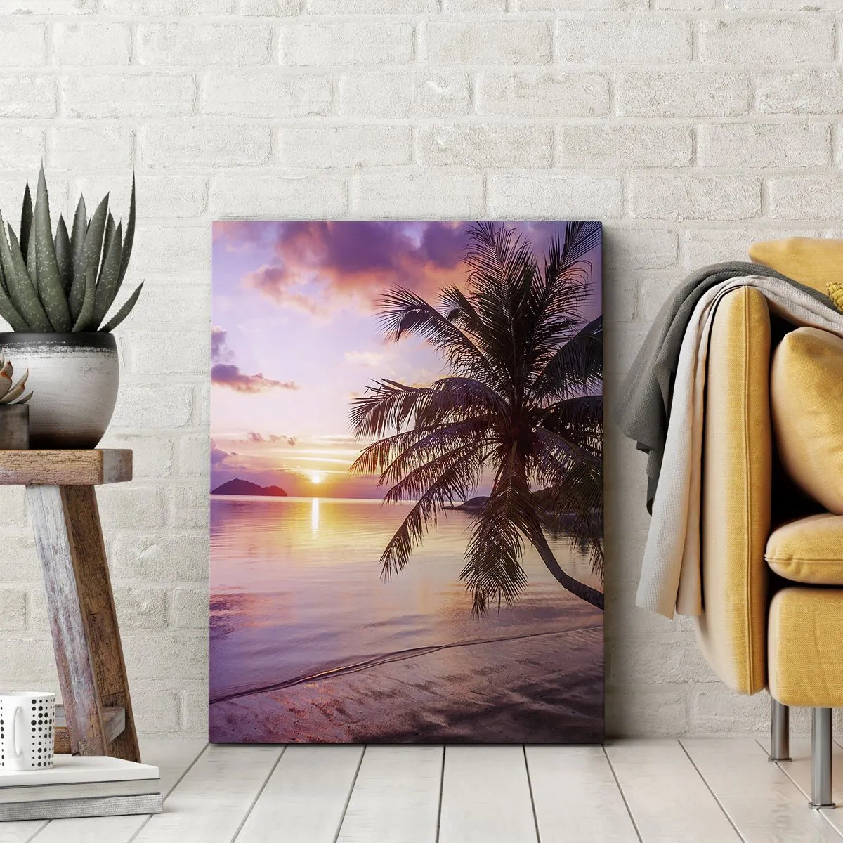 Quadro su tela - Stampe su Tela - Spiaggia tropicale con palme al tramonto - 50x70cm - Beatitudine a perdita d'occhio - Decorazione murale moderna per soggiorno e camera da letto ARTTOR