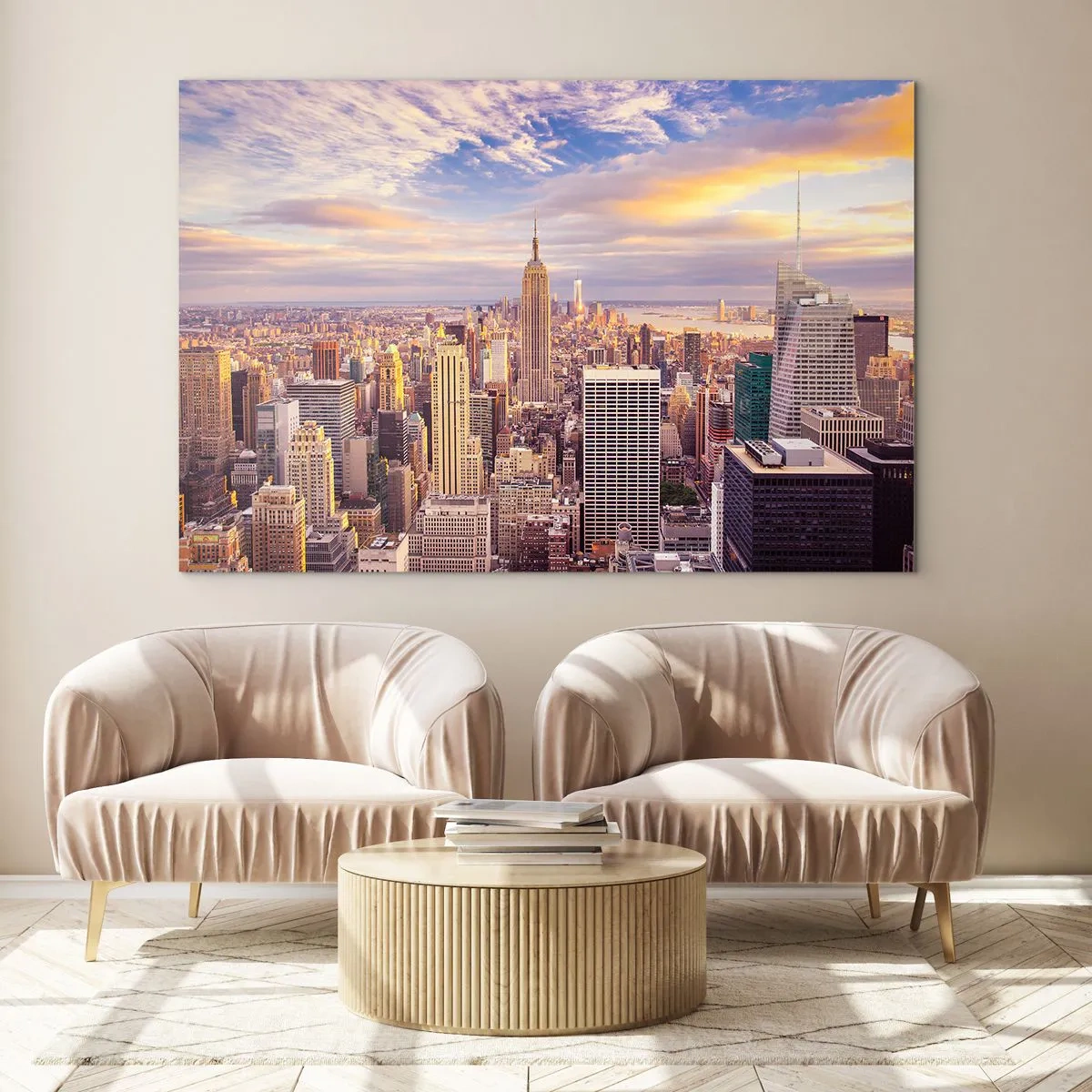 Quadro su vetro - Panorama della città con grattacieli al tramonto - 70x50cm - Toccando le nuvole - Decorazione murale moderna per soggiorno e camera da letto ARTTOR