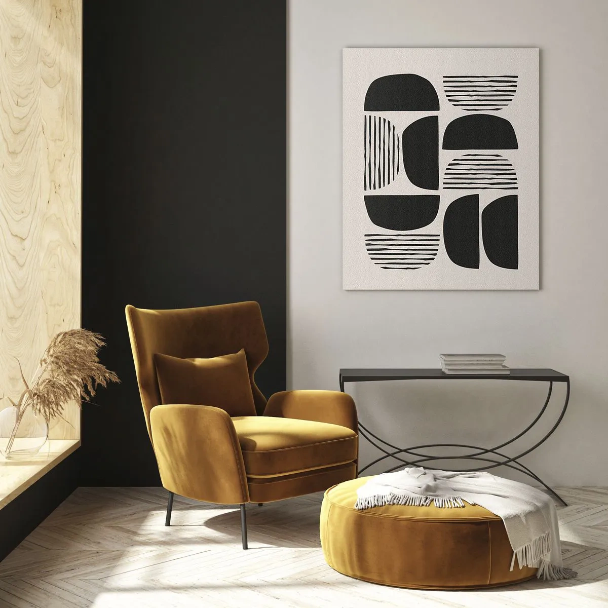 Quadro su vetro - Geometria con semicerchi e linee in nero su sfondo chiaro - 70x100cm - Sistemi di metà - Decorazione murale moderna per soggiorno e camera da letto ARTTOR