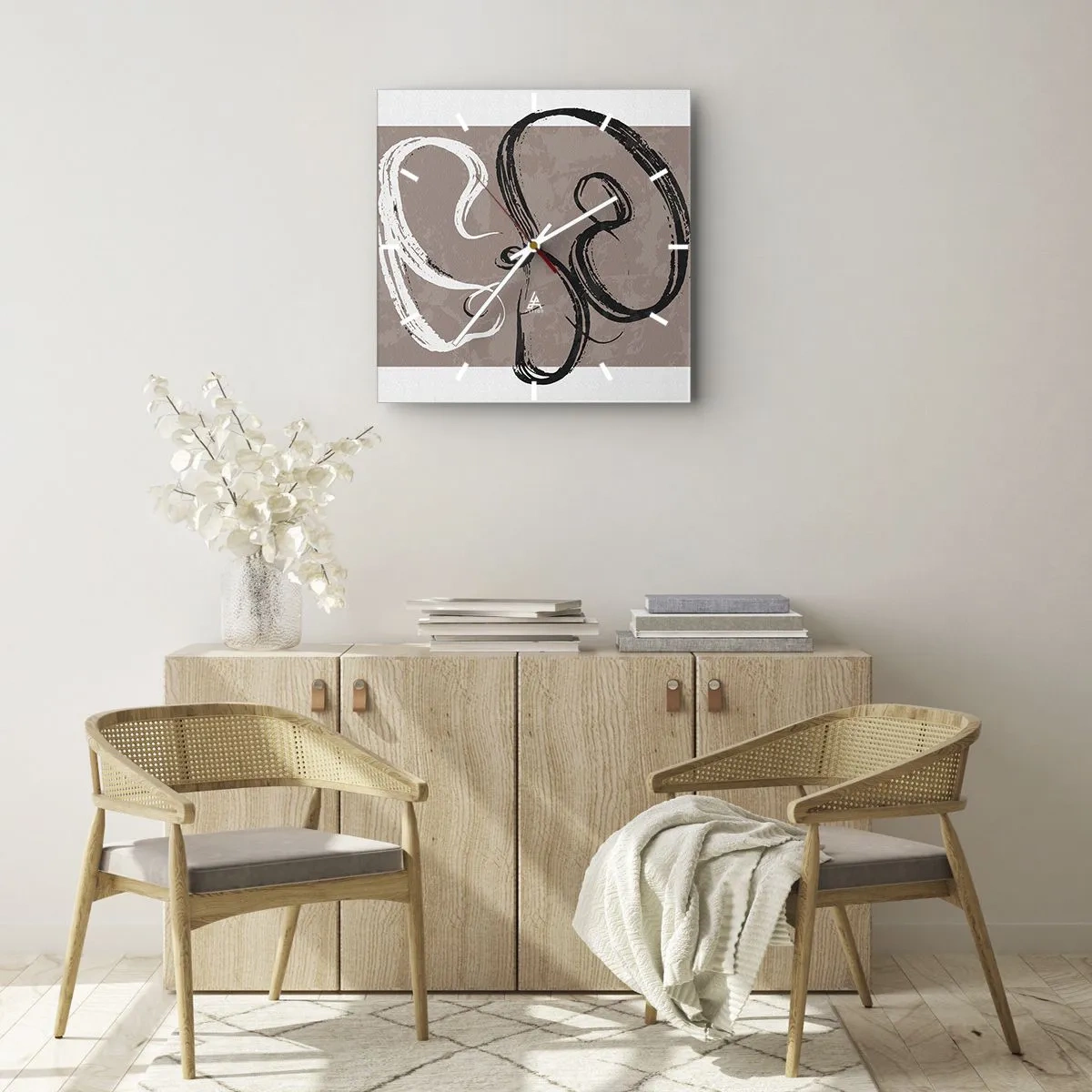 Orologio da parete - Orologio in Vetro - Astrazione in bianco e nero su sfondo beige - 30x30cm - Composizione: alla ricerca della pienezza - Decorazione murale moderna per soggiorno e camera da letto ARTTOR