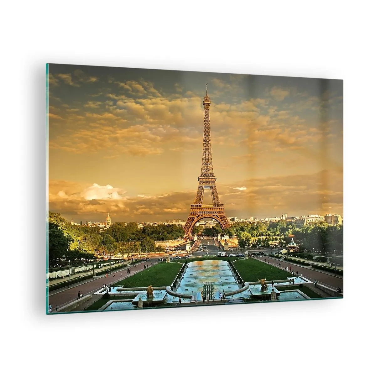 Quadro su vetro - La Torre Eiffel circondata dai giardini parigini al tramonto - 70x50cm - La regina di Parigi - Decorazione murale moderna per soggiorno e camera da letto ARTTOR