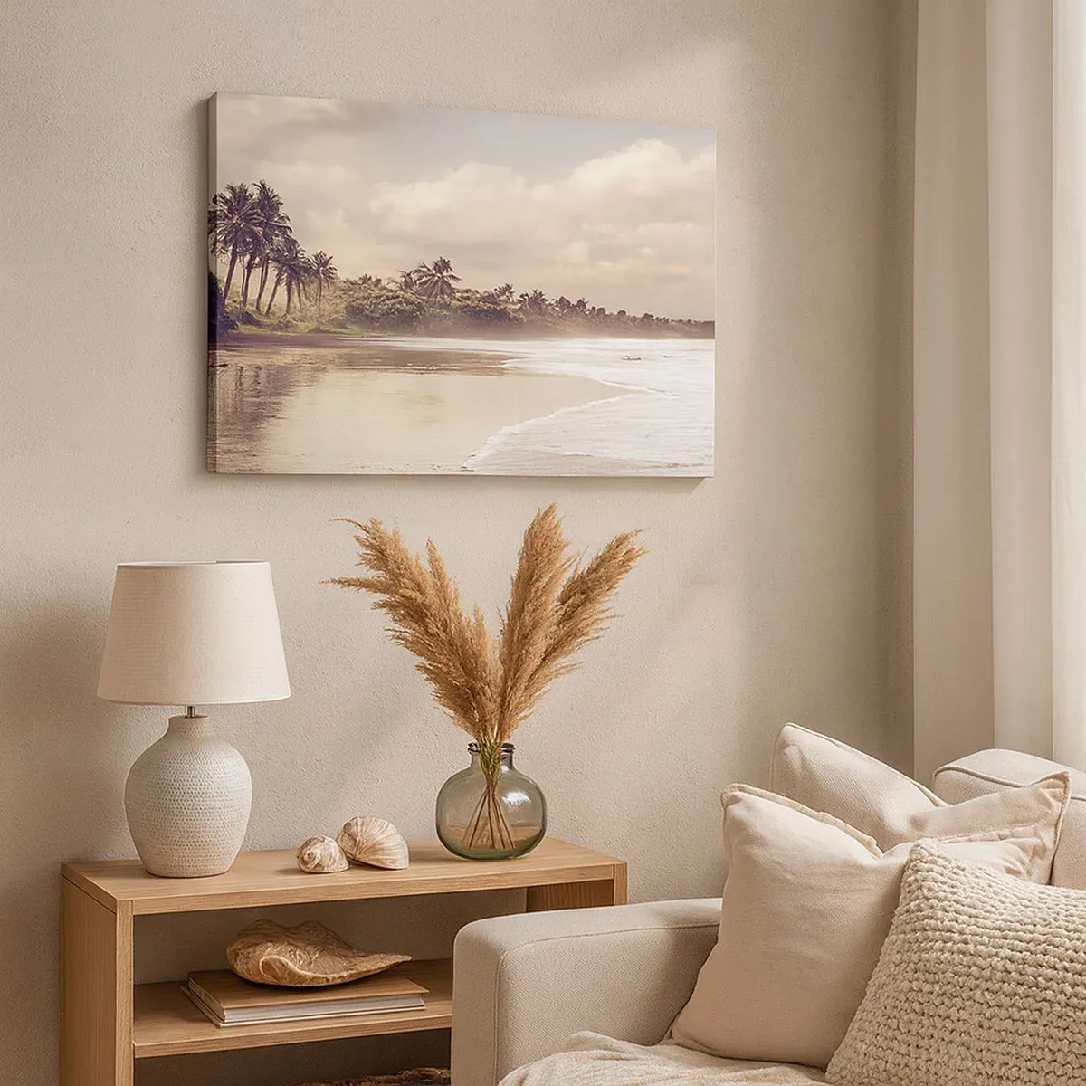 Quadro su tela - Stampe su Tela - Una spiaggia con palme e onde dolci al mattino - 70x50cm - La carezza delle onde - Decorazione murale moderna per soggiorno e camera da letto ARTTOR