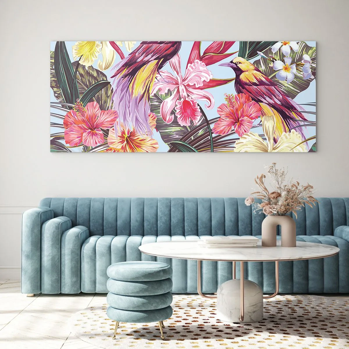 Quadro su vetro - Uccelli esotici tra i fiori tropicali - 120x50cm - Petali e piume - Decorazione murale moderna per soggiorno e camera da letto ARTTOR