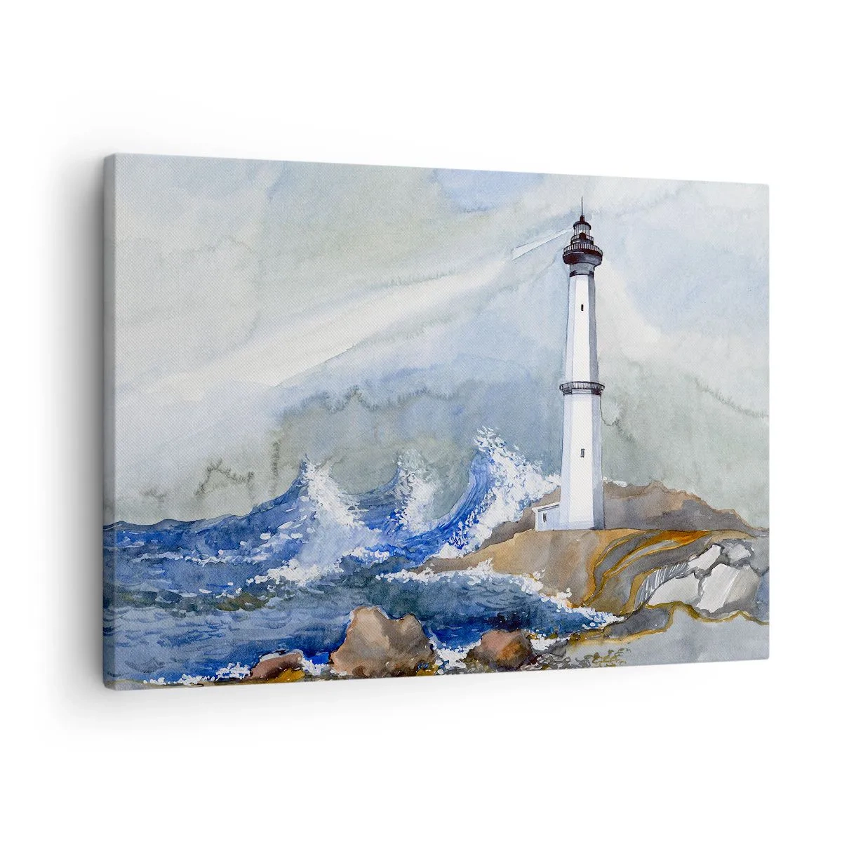 Quadro su tela - Stampe su Tela - Un faro su una costa rocciosa con mare agitato - 70x50cm - Contro il buio e le burrasche - Decorazione murale moderna per soggiorno e camera da letto ARTTOR