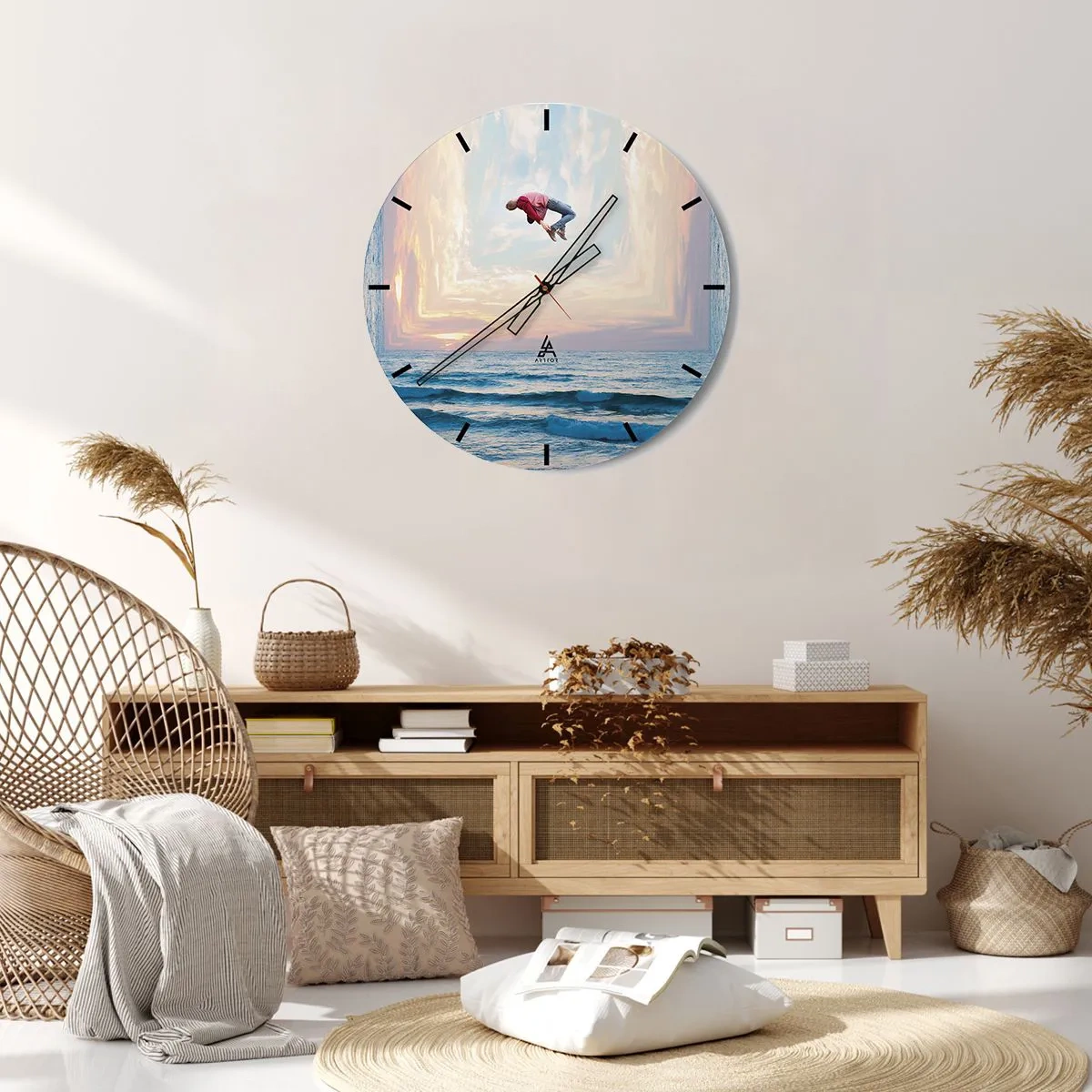Orologio da parete - Orologio in Vetro - Una figura che salta in riva al mare in un paesaggio surreale - 30x30cm - In un'altra dimensione - Decorazione murale moderna per soggiorno, cucina e camera da letto ARTTOR