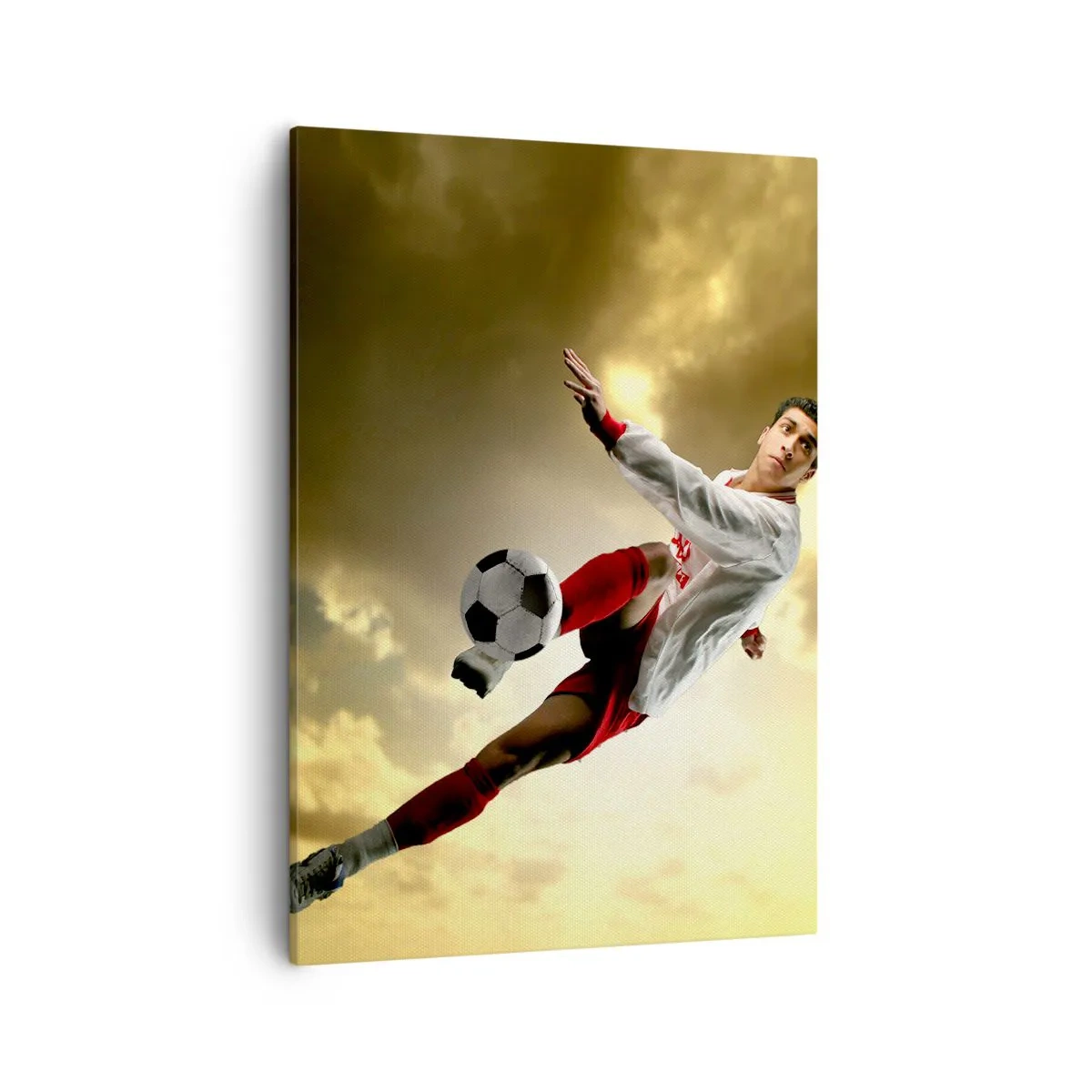 Quadro su tela - Stampe su Tela - Un giocatore di football in un salto dinamico che calcia la palla contro il cielo - 50x70cm - Il cielo del calcio - Decorazione murale moderna per soggiorno e camera da letto ARTTOR