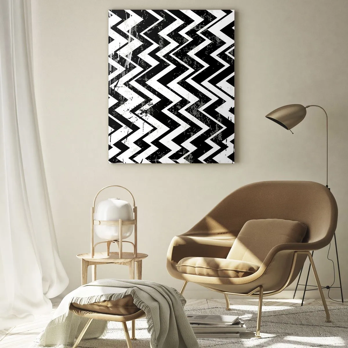 Quadro su vetro - Motivo a zigzag bianco e nero con abrasioni artistiche - 70x100cm - Zig-bianco, zag-nero - Decorazione murale moderna per soggiorno e camera da letto ARTTOR
