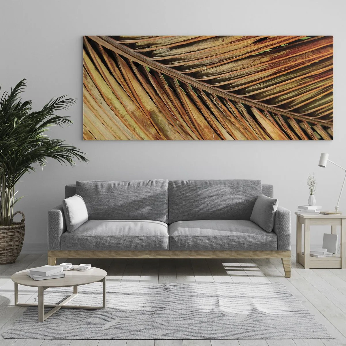 Quadro su vetro - Primo piano di una foglia di palma secca in toni caldi - 160x50cm - Oro di cocco - Decorazione murale moderna per soggiorno e camera da letto ARTTOR