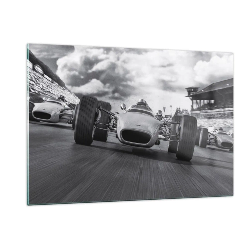 Quadro su vetro - Gara di auto d'epoca su una pista in bianco e nero - 120x80cm - C'è la forza! - Decorazione murale moderna per soggiorno e camera da letto ARTTOR