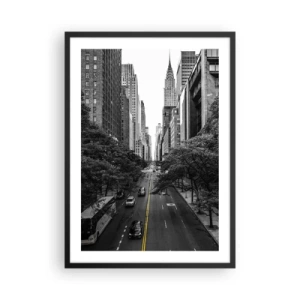 Poster in cornice nera - Panorama della città in bianco e nero con una linea gialla sulla strada - 50x70cm - Alba a New York - Decorazione murale moderna per soggiorno e camera da letto ARTTOR